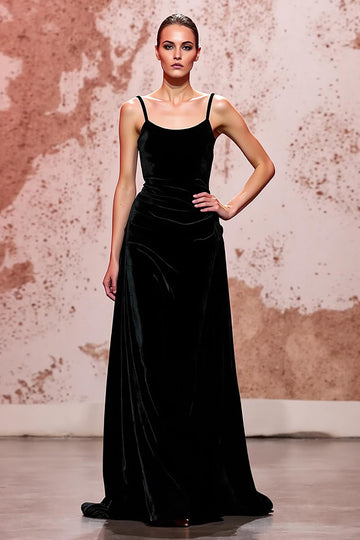 Simple Black Velvet Spaghetti Straps Long Formal Dress